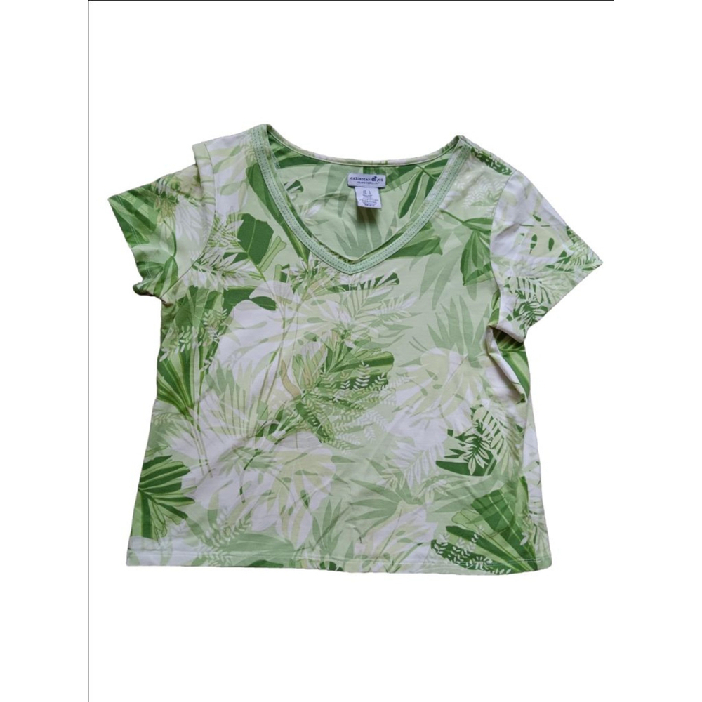 Women's Caribbean Joe Top Size L Green Floral V-Neck